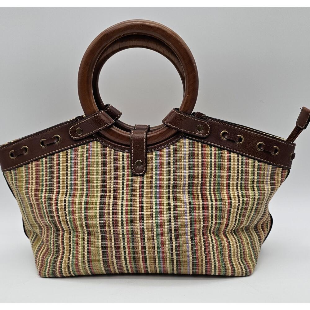 Fossil Vintage Retro Wooden Handle Purse Leather Striped